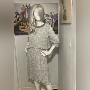 Vintage Look Pleated Dress w/Beaded Neckline - White with Small Flower Pattern